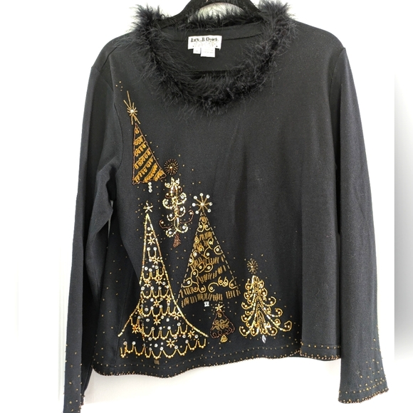 Jack B. Quick Holiday Festive Bead Tree Top‎ Womens XL Black Gold Feather neck - Picture 1 of 8